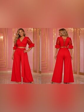 Red Wide Leg Jumpsuit with Lace Top